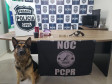 Cão da polícia ao lado de mesa com material apreendido