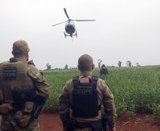 Policiais civis observam helicóptero sobrevoando plantação