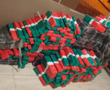 Centenas de tabletes de droga agrupadas no chão