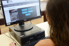 Pessoa ao computador, acessando página de serviços no site da Polícia Civil