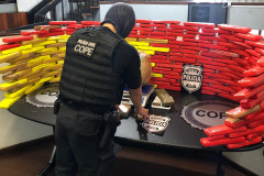 Policial civil organiza tabletes de droga apreendidos, sobre uma mesa