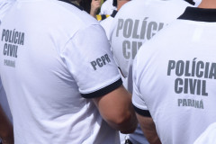 Vários policiais civis reunidos, de costas e em pé