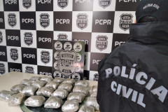 Policial civil ao lado de droga apreendida