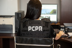 Policial civil de costas, ao computador